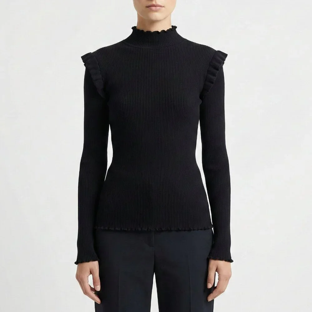 Current/Elliott The Ruffle Rib Top Black Ribbed Mock Neck Size 1 - Picture 1 of 11